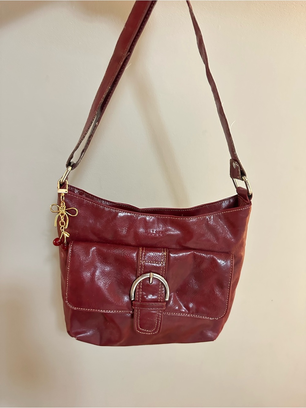 Italian Red Leather Shoulder Bag with Front Buckle